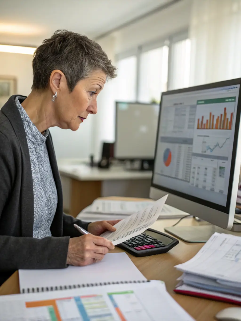 A person sitting at a desk, reviewing financial documents with a focused expression, representing financial planning services offered by Entravax.