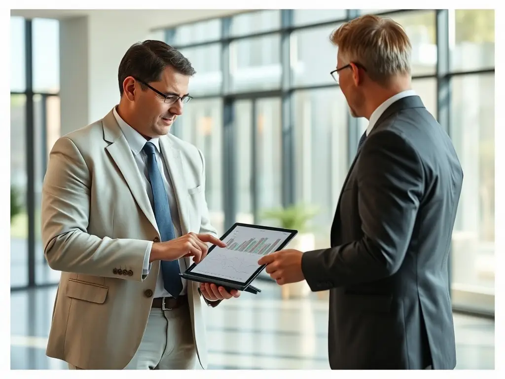 A professional financial advisor is explaining investment options to a client in a modern office setting, using a tablet to display potential growth charts and portfolio diversification strategies.