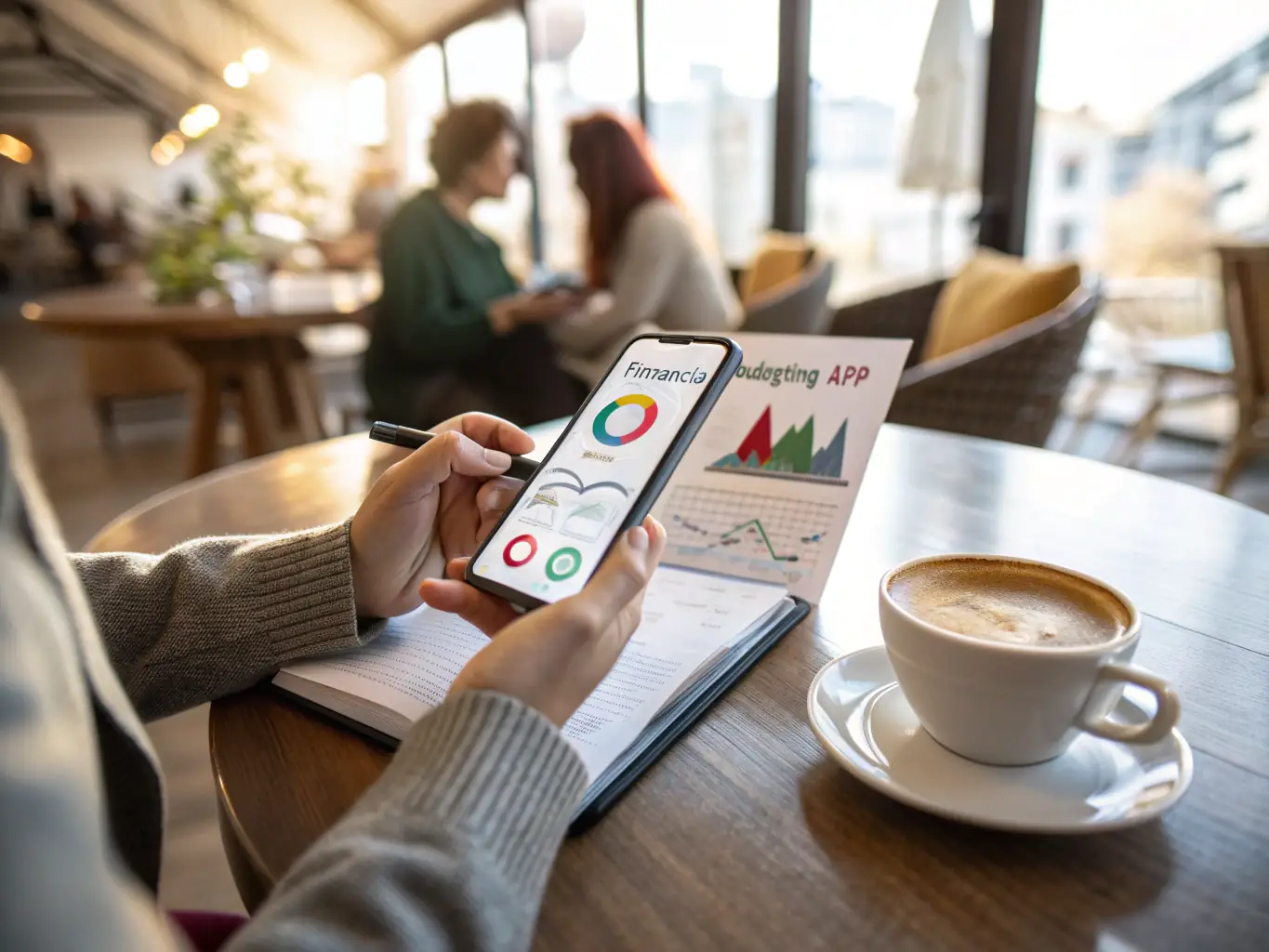 A person using a budgeting app on their smartphone, showing charts and expense categories, in a bright and modern setting.