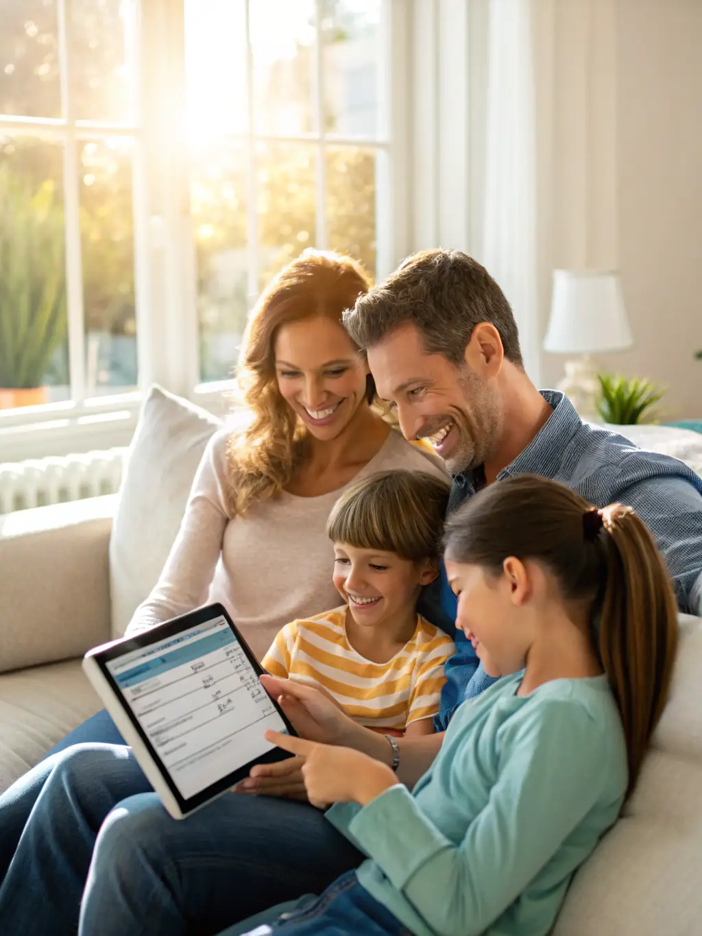 A family happily planning their financial future together, using a tablet to review their budget and investment options.