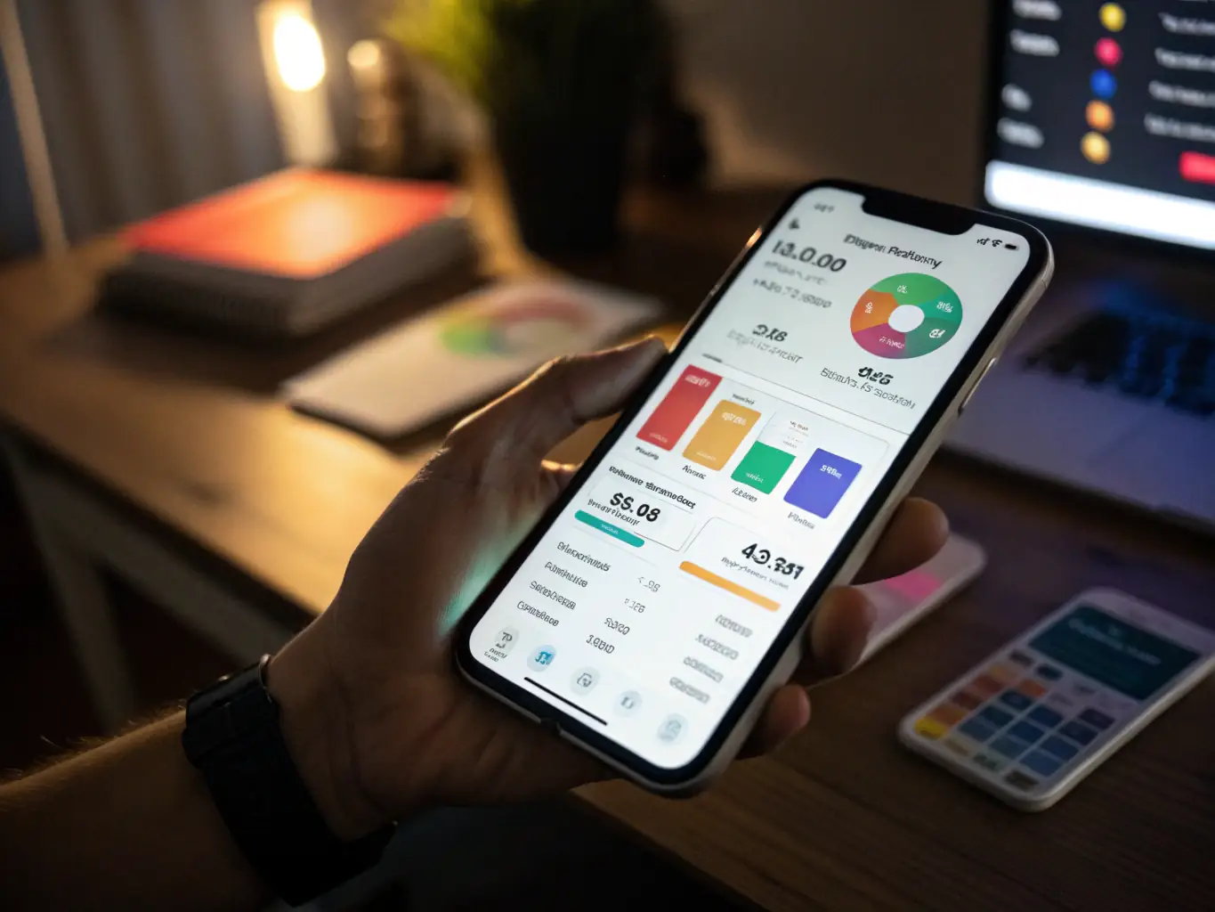 A person using a budgeting app on their smartphone, showing various expense categories and savings goals, with a focus on investment tracking and performance analysis.