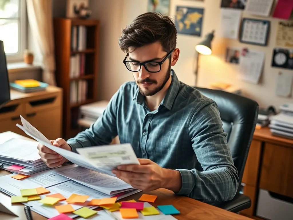 A person organizing bills and receipts at a desk, symbolizing effective budget management and financial planning.