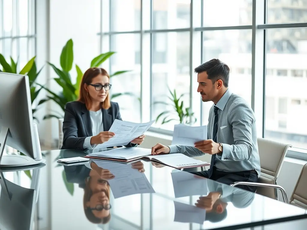 A consultant sitting across a table from a client, reviewing financial documents and discussing investment strategies in a modern office setting. The atmosphere is professional and supportive.
