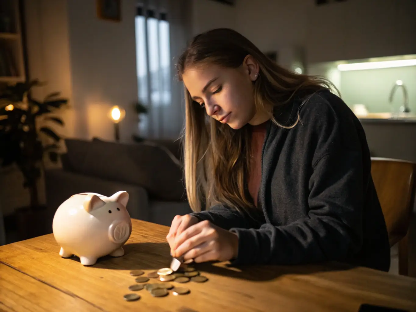 A person happily putting coins into a piggy bank, symbolizing saving and financial planning. The background is bright and optimistic, representing a secure financial future.