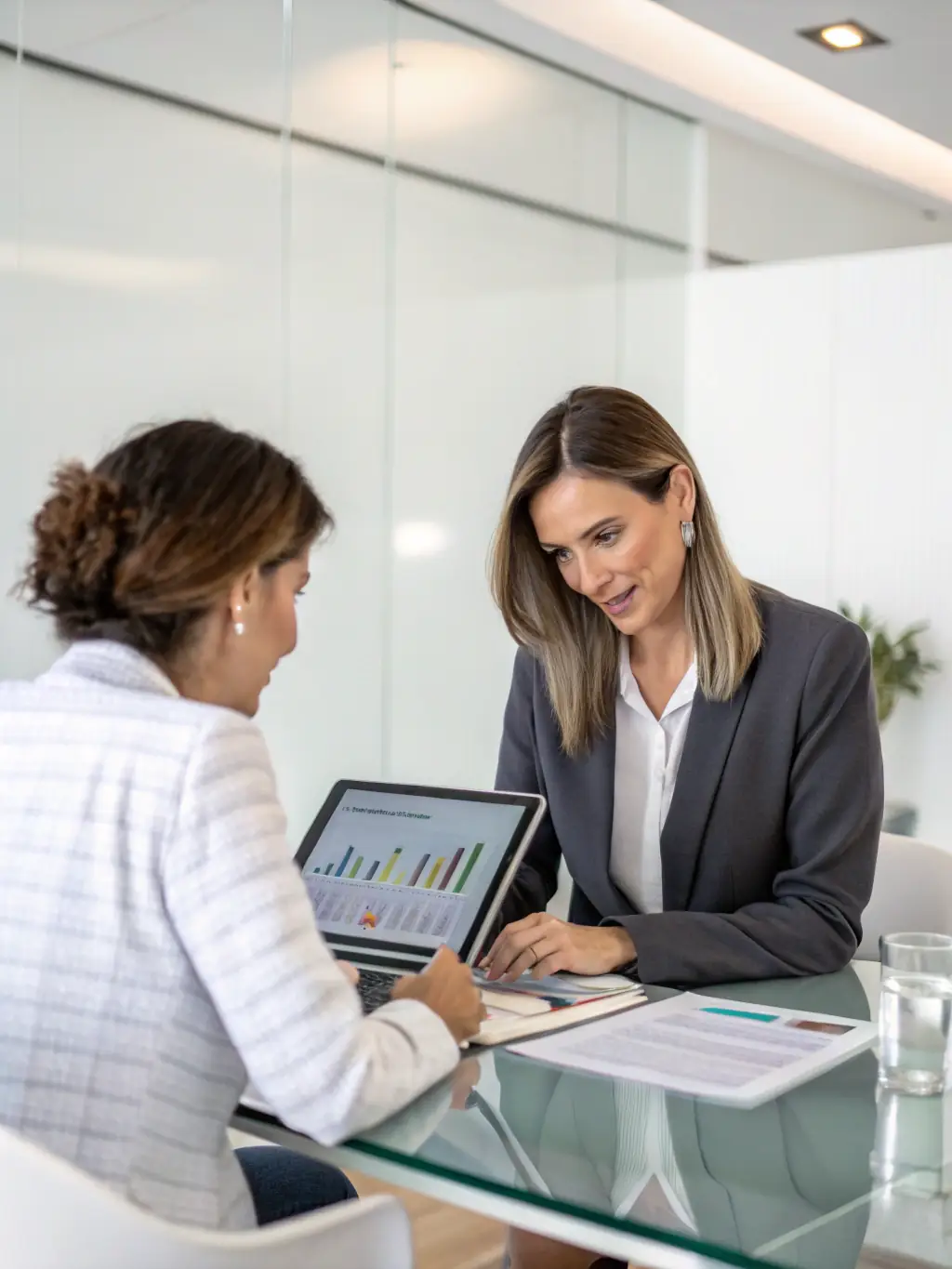 A professional financial coach sitting at a desk, reviewing financial documents with a client in a modern office setting. The atmosphere is collaborative and focused.