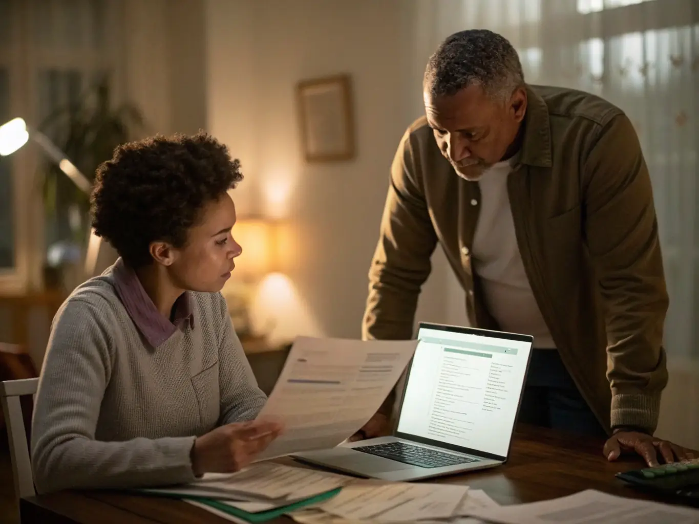 A person sitting at a desk, reviewing financial documents with a financial coach, in a modern office setting. The scene should convey trust and collaboration.