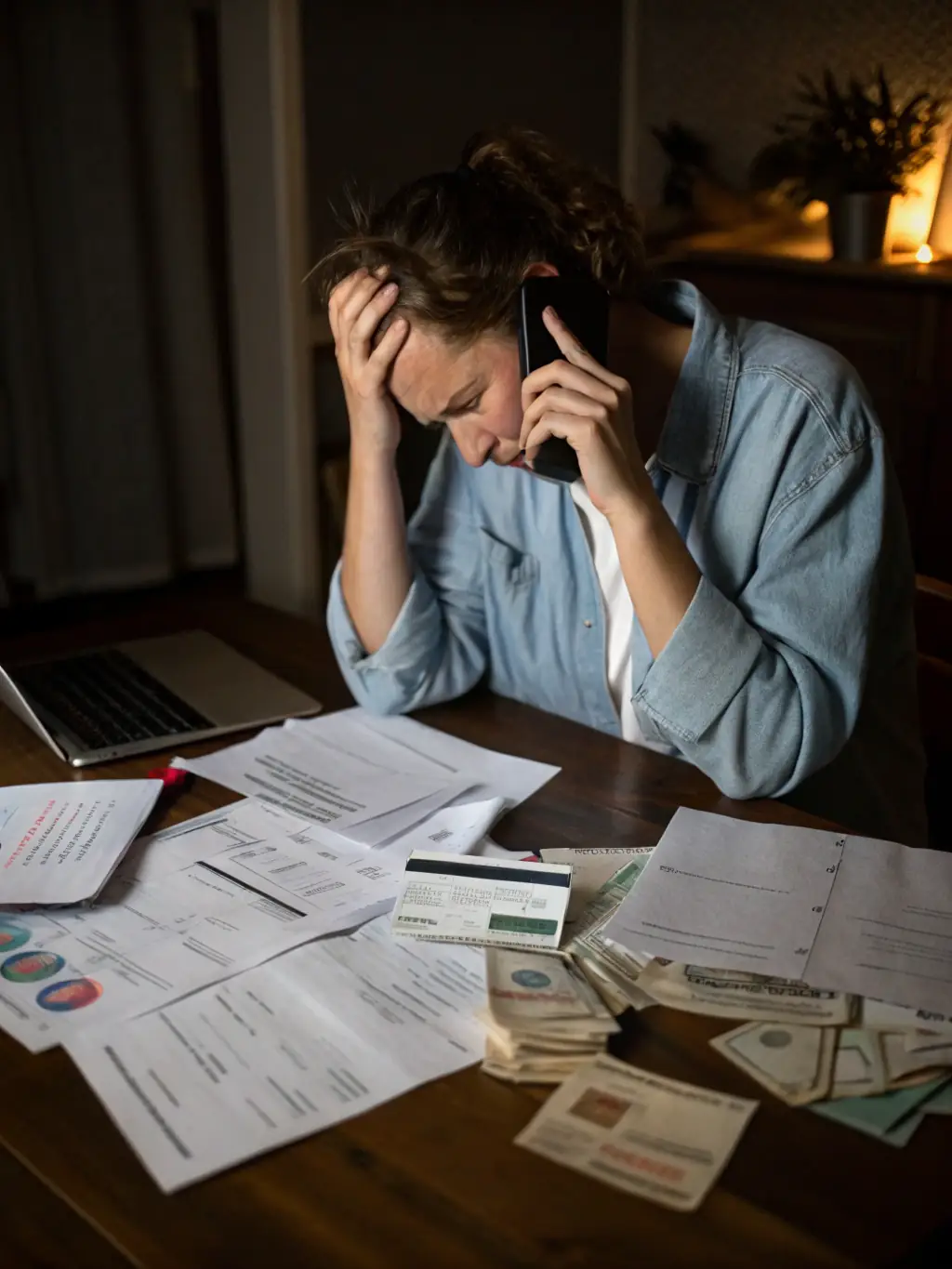 A person looking stressed while surrounded by bills and debt statements, symbolizing the challenges of debt management.