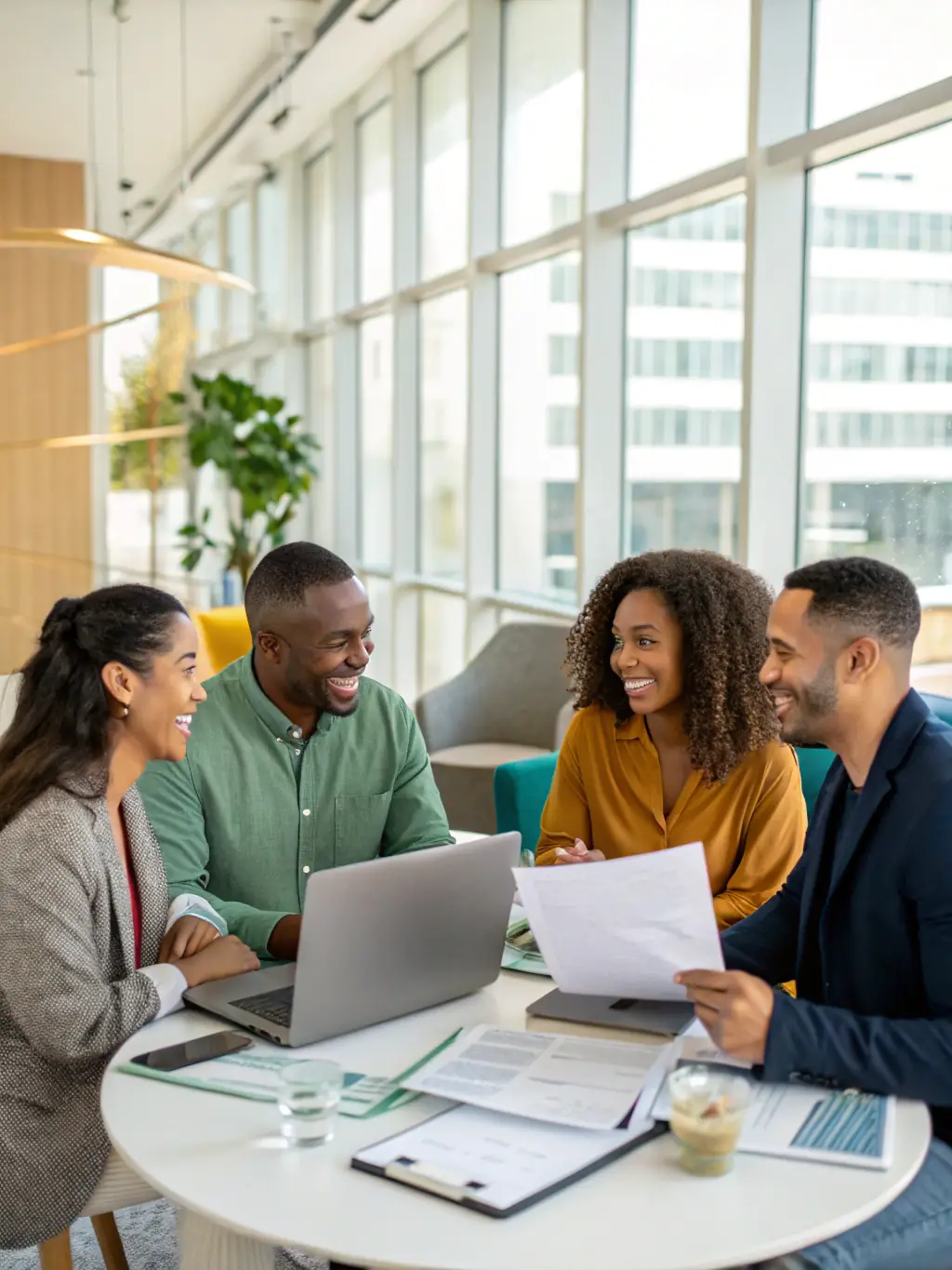 A diverse group of people happily planning for retirement, with a focus on financial security and future prosperity.