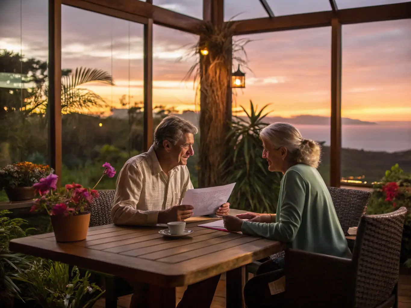 A serene image of a couple planning their retirement finances with the help of a financial coach, set against a backdrop of a peaceful sunset.